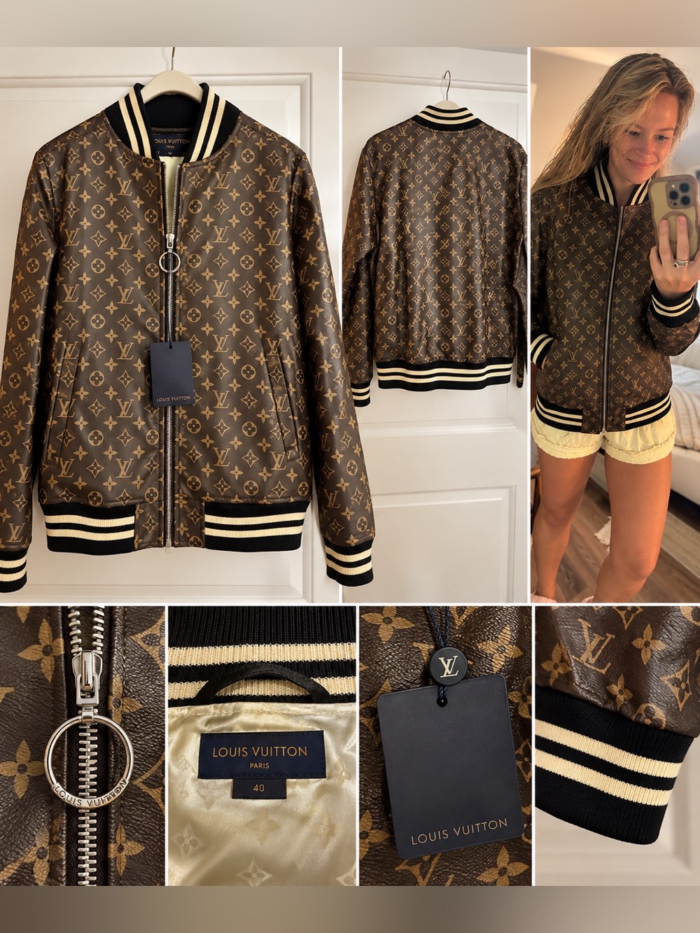 Louis Vuitton Women's Brown Monogram Varsity Jacket with Black & Cream Trim